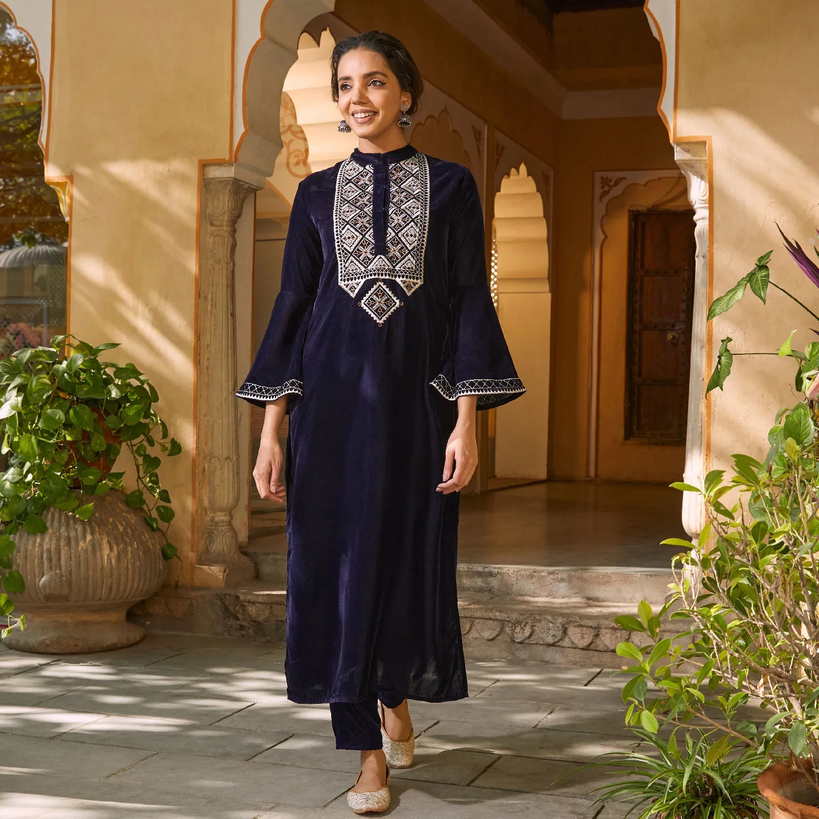 Blue Velvet Embroidered Kurta with Bell Sleeves